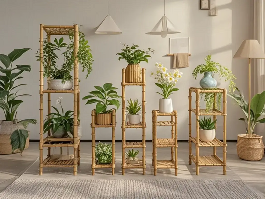 A room with bamboo shelves displaying various potted plants. The shelves vary in height and are arranged in a line, showcasing a variety of green plants and flowers.
