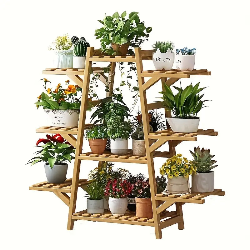 A wooden multi-layer plant stand filled with various potted plants, including succulents, flowers, and leafy greens.