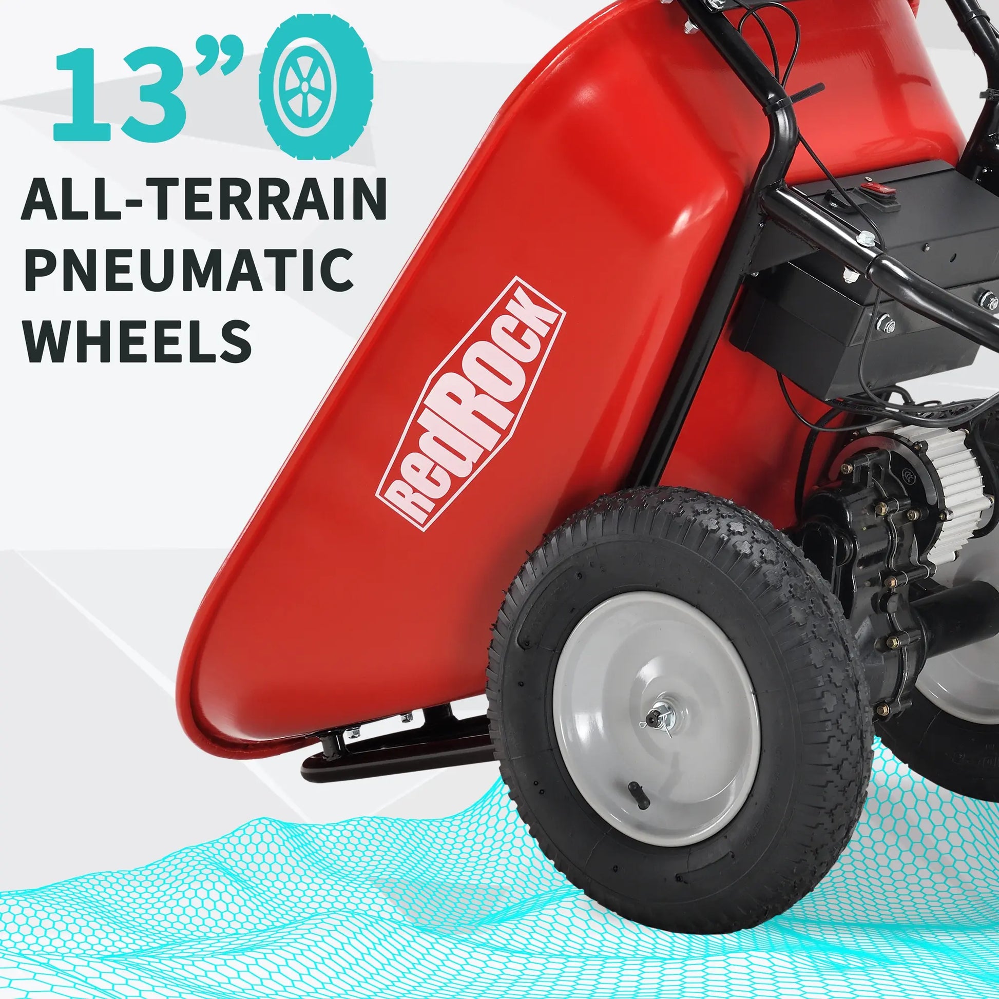 Electric Wheelbarrow with 13" All-Terrain Pneumatic Wheels.