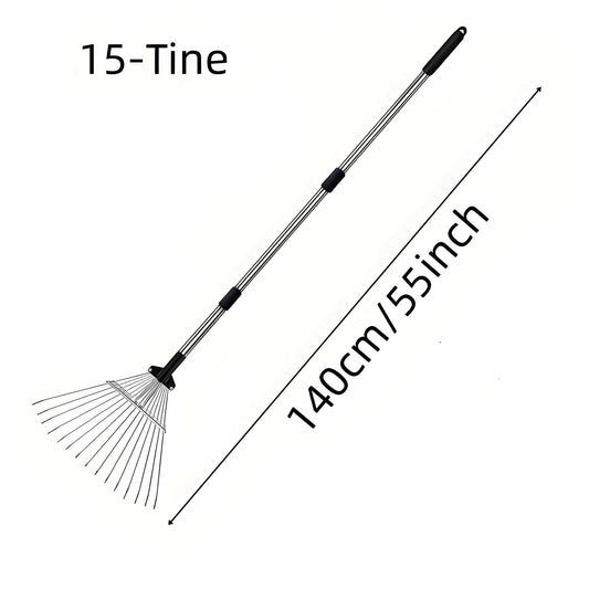 a 15-tine garden rake, with dimensions shown as 140 cm (55 inches) in length, featuring a long, sturdy metal handle.