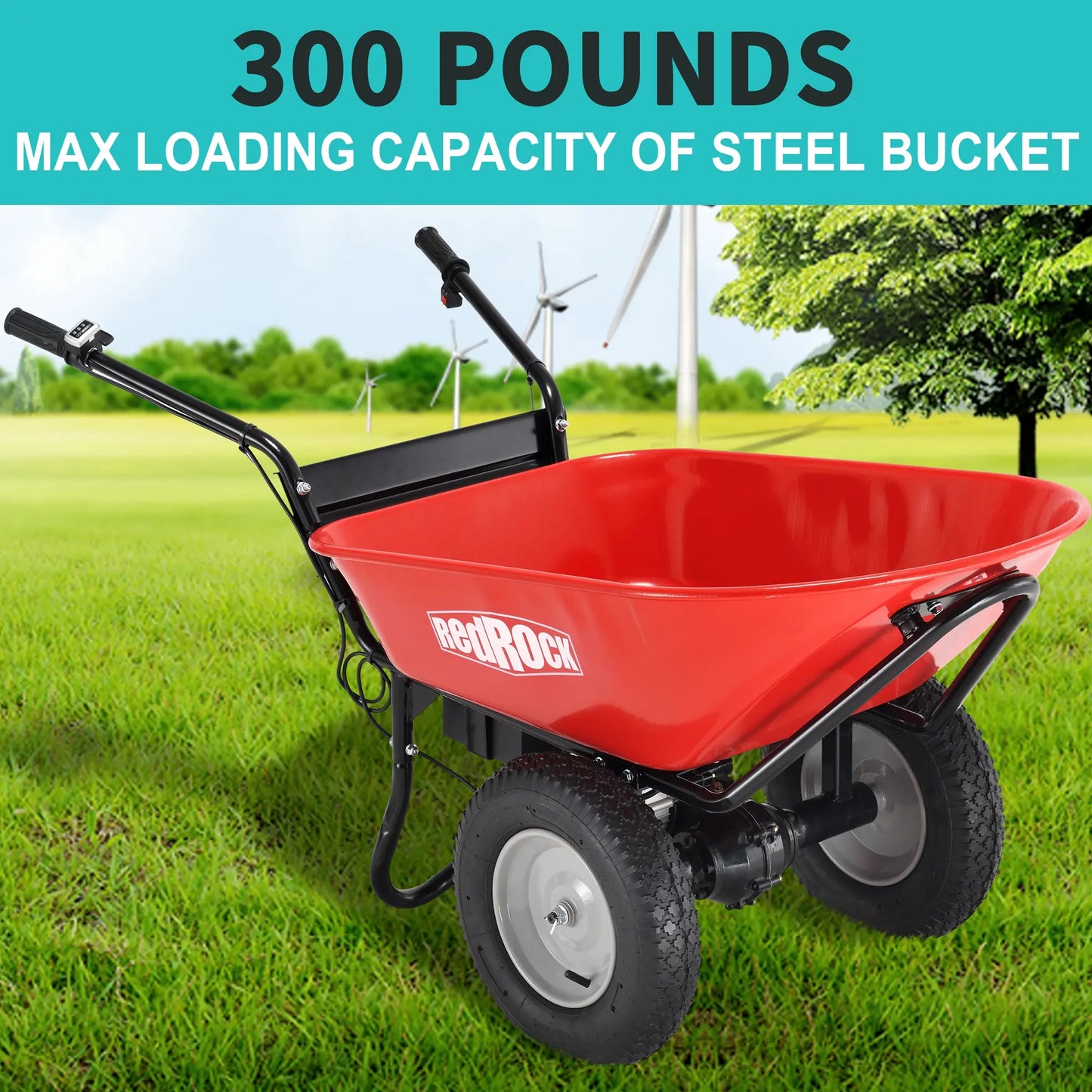 Electric Wheelbarrow with 300-Pound Steel Bucket Capacity.