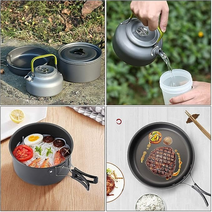 Camping Cookware Kit Outdoor Aluminum Cooking Set Water Kettle Pan Pot Hiking Picnic BBQ Tableware