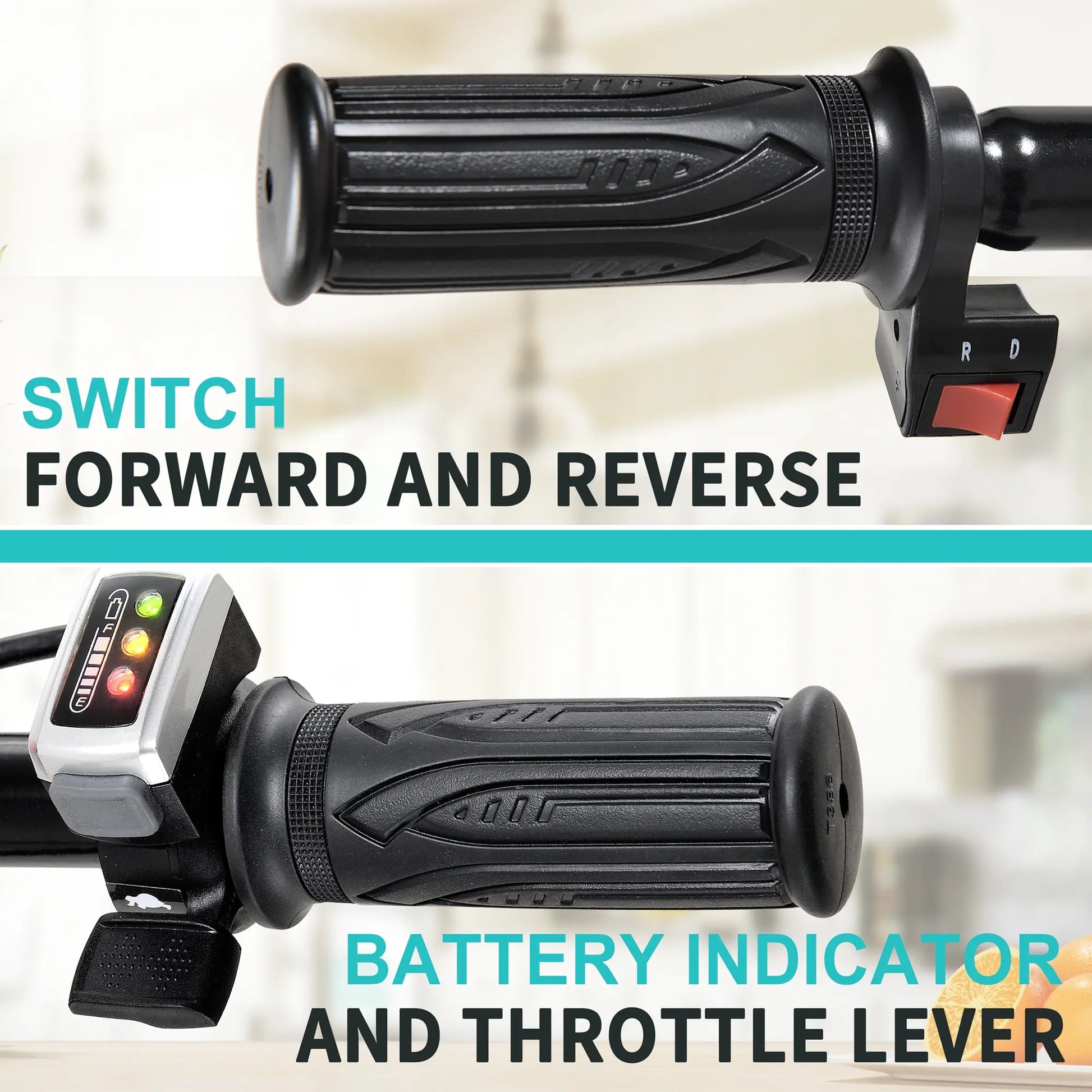 Electric Wheelbarrow Controls: Forward/Reverse Switch & Battery Indicator with Throttle Lever.