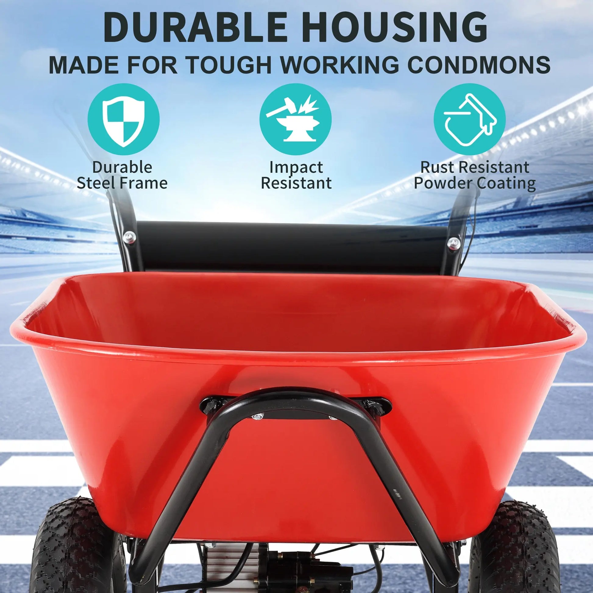 Electric Wheelbarrow with Durable Housing for Tough Conditions.
