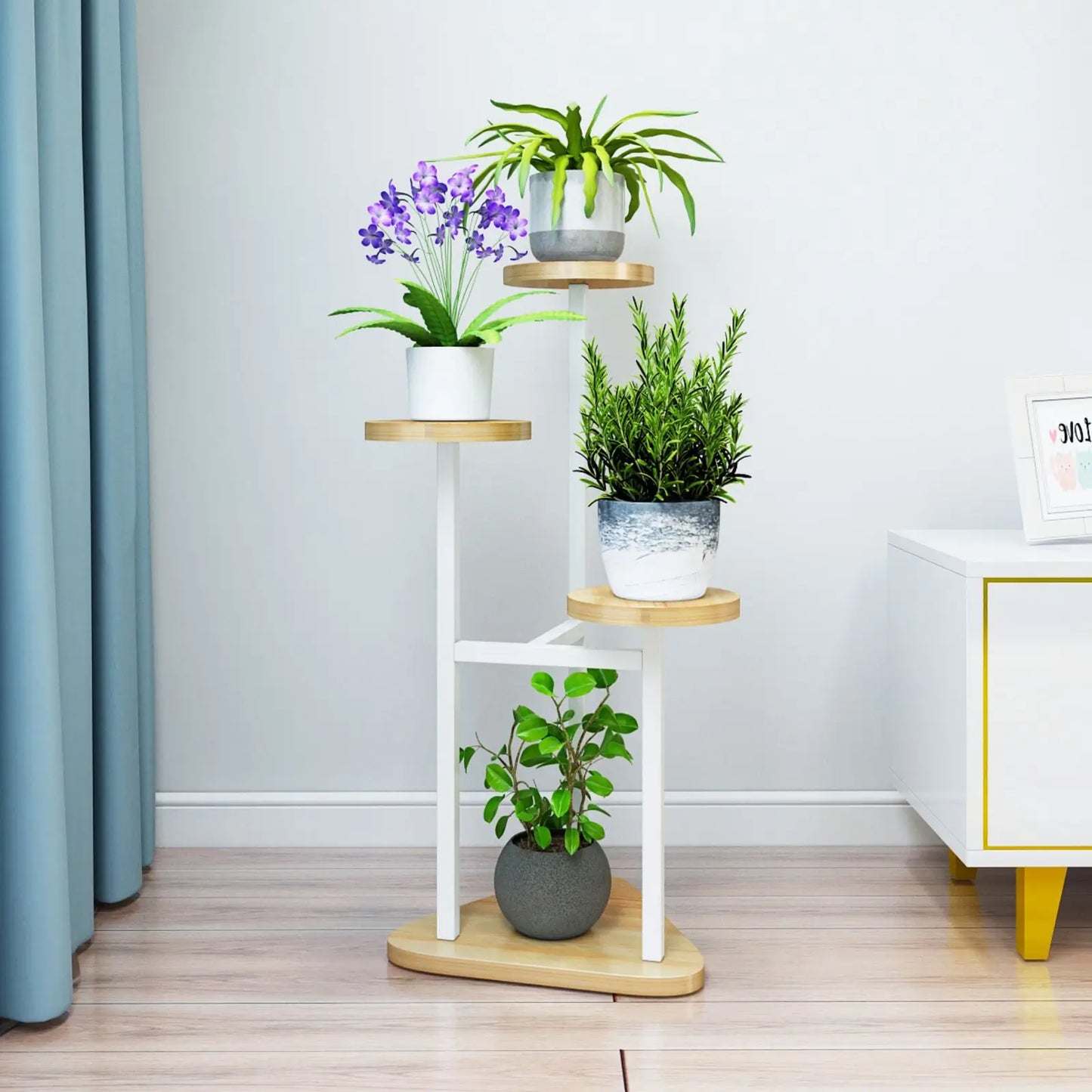 Triangular base 3-tier staggered corner plant stand whtie brown