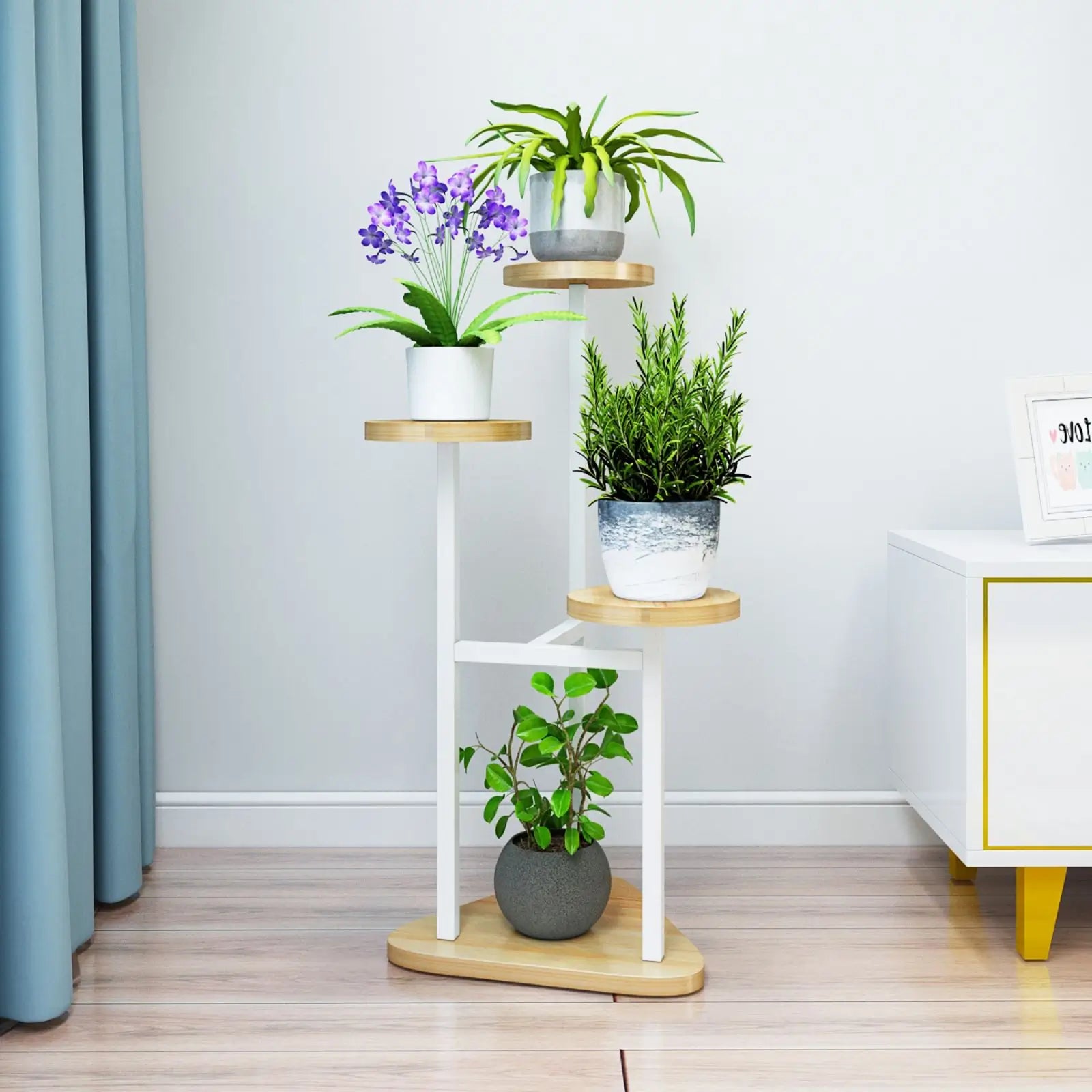 Triangular base 3-tier staggered corner plant stand whtie brown
