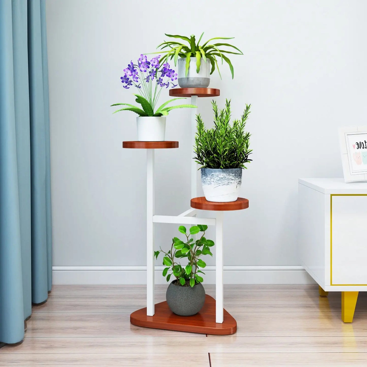 Triangular base 3-tier staggered corner plant stand whtie red