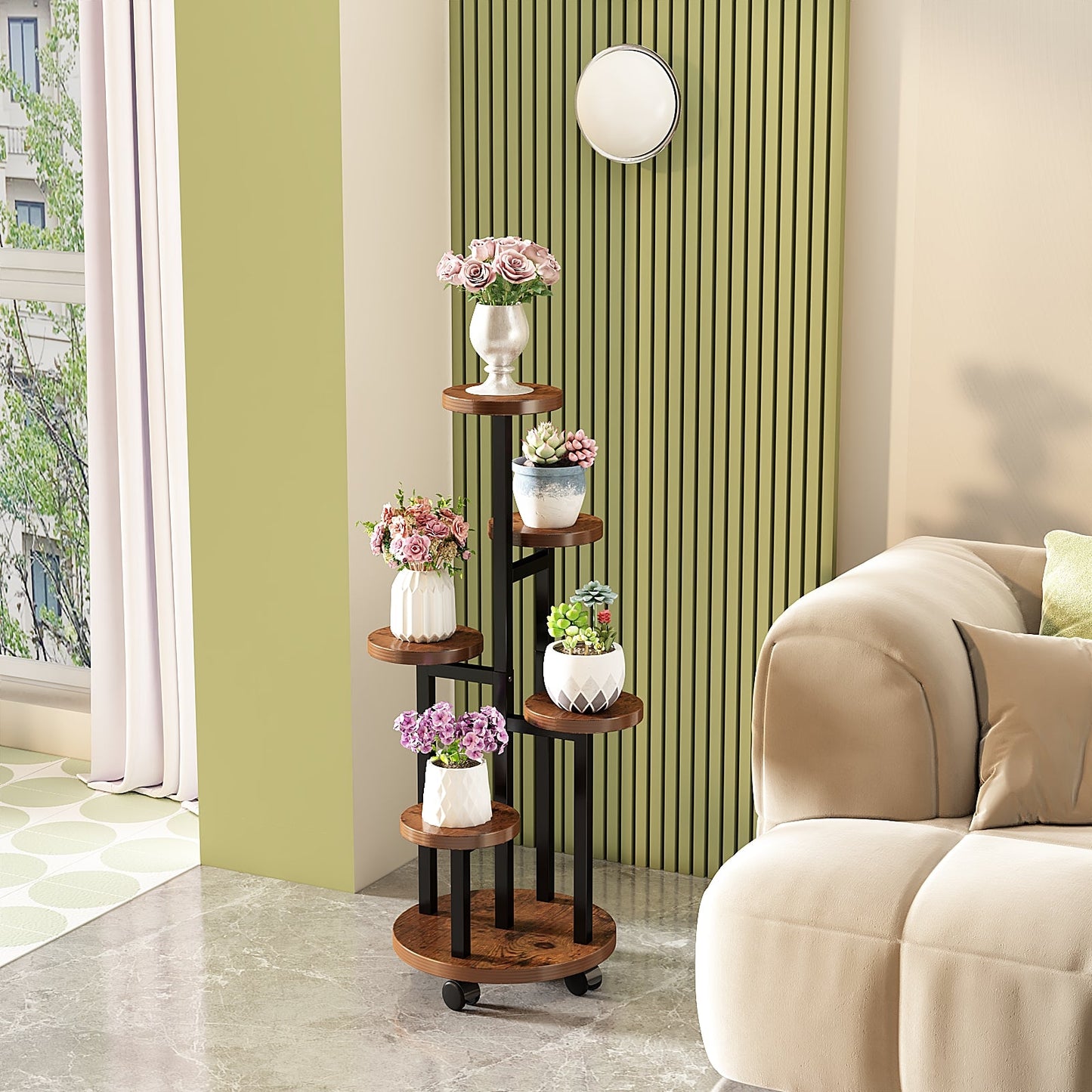 Rustic Brown Metal Wood Corner Tiered Stand beside sofa