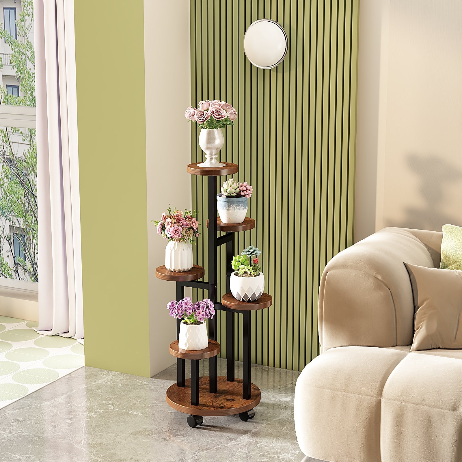 Rustic Brown Metal Wood Corner Tiered Stand beside sofa