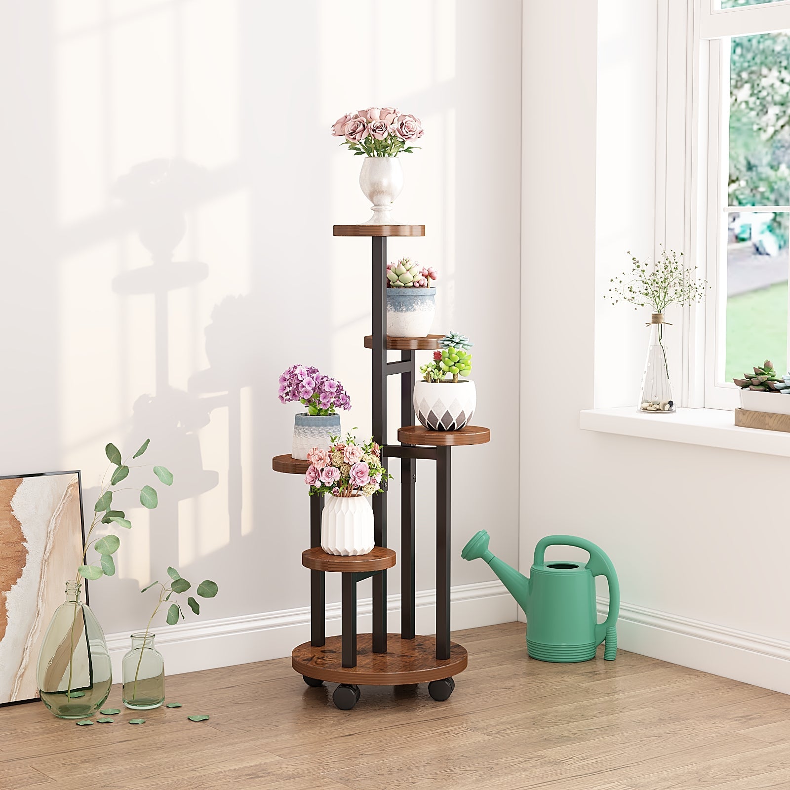 Rustic Brown Metal Wood Corner Tiered Stand beside window