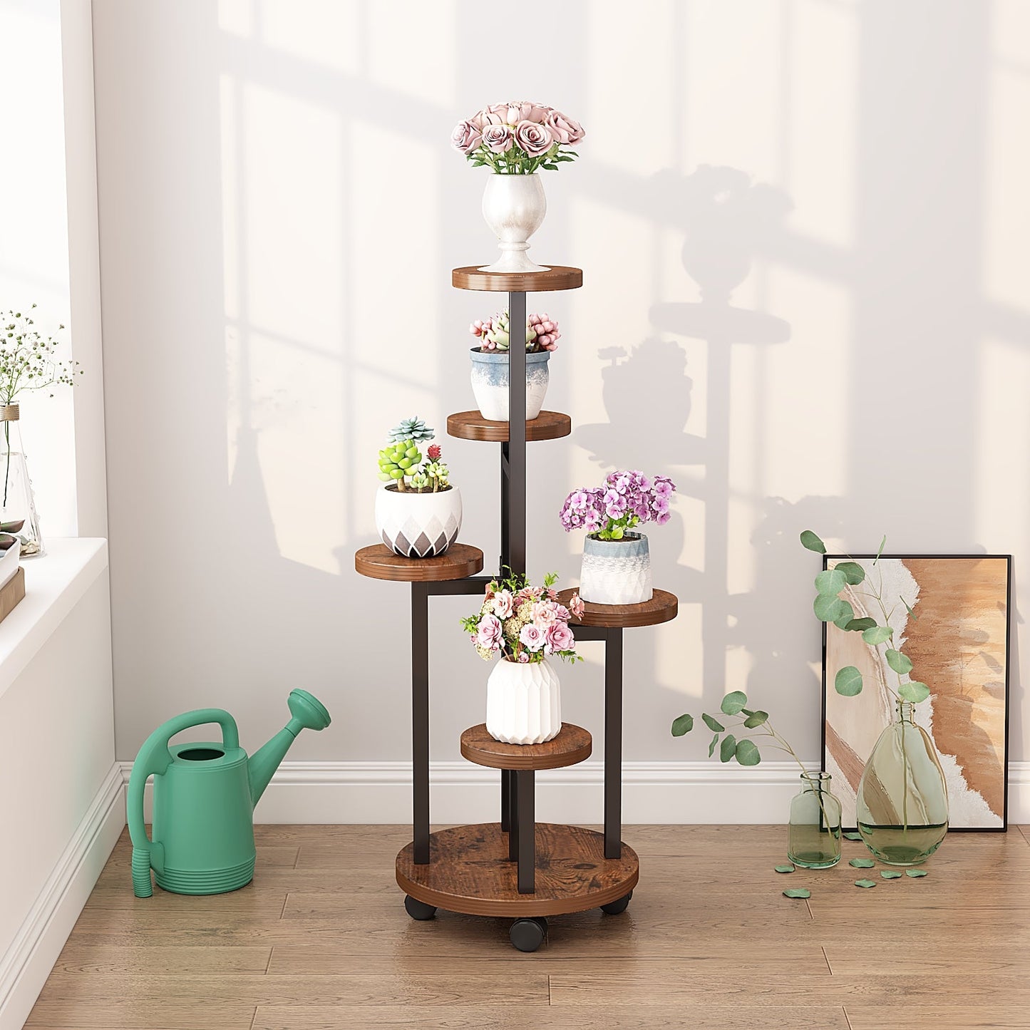 Rustic Brown Metal Wood Corner Tiered Stand in living room