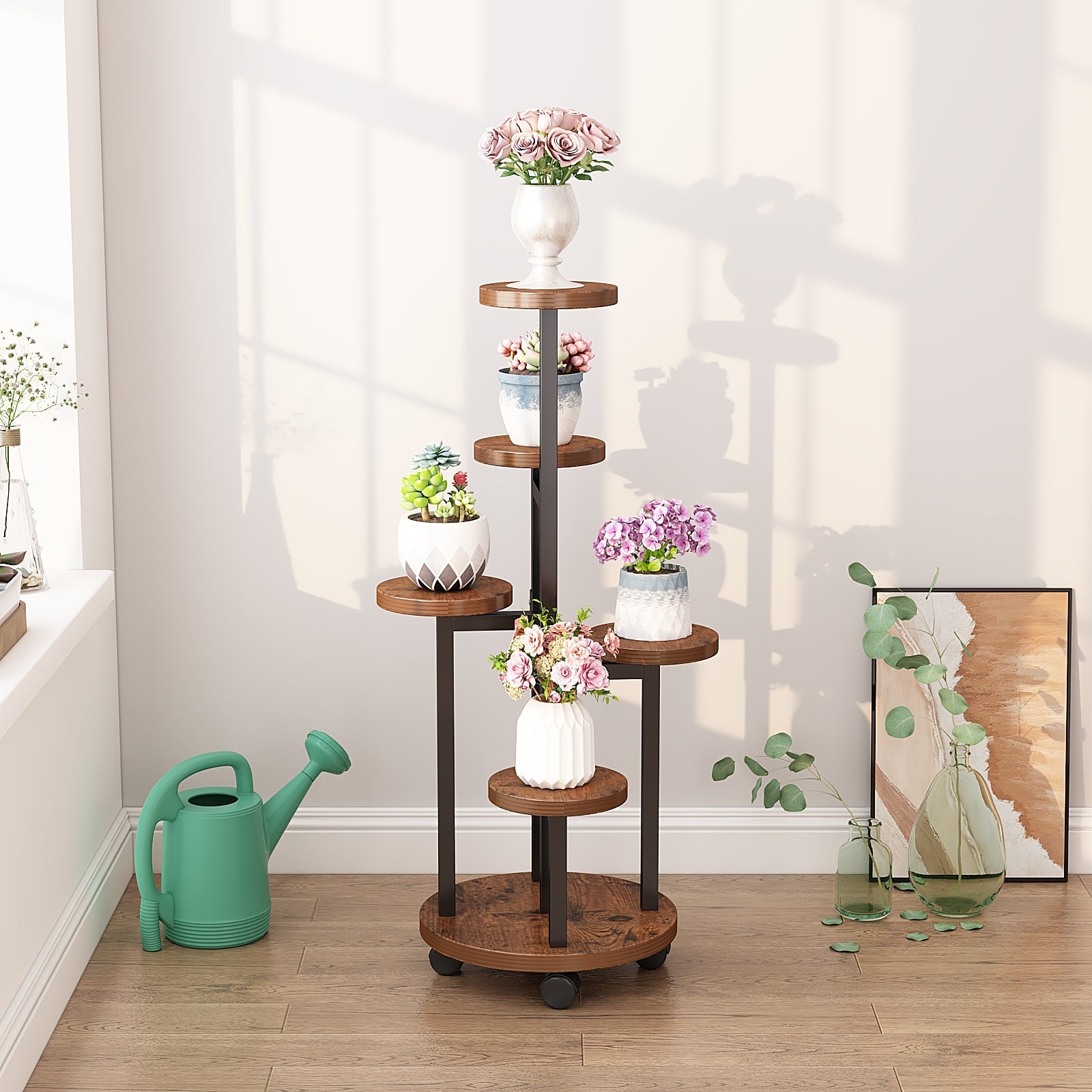 Rustic Brown Metal Wood Corner Tiered Stand in living room