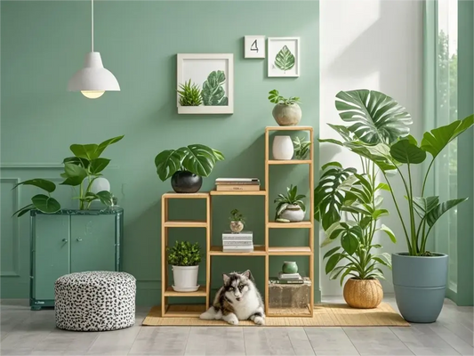 A cozy room with a variety of indoor plants, neatly arranged on shelves and around the room.