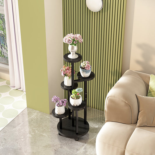 5 Tier Black Metal Wood Plant Stand With 4 Wheels  
