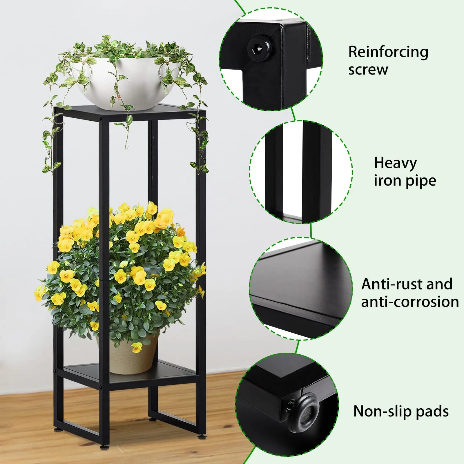 A black metal plant stand showcasing a white pot with trailing green vines on top and a pot of yellow flowers below. The image highlights features like reinforcing screws, heavy iron pipe, anti-rust and anti-corrosion properties, and non-slip pads.