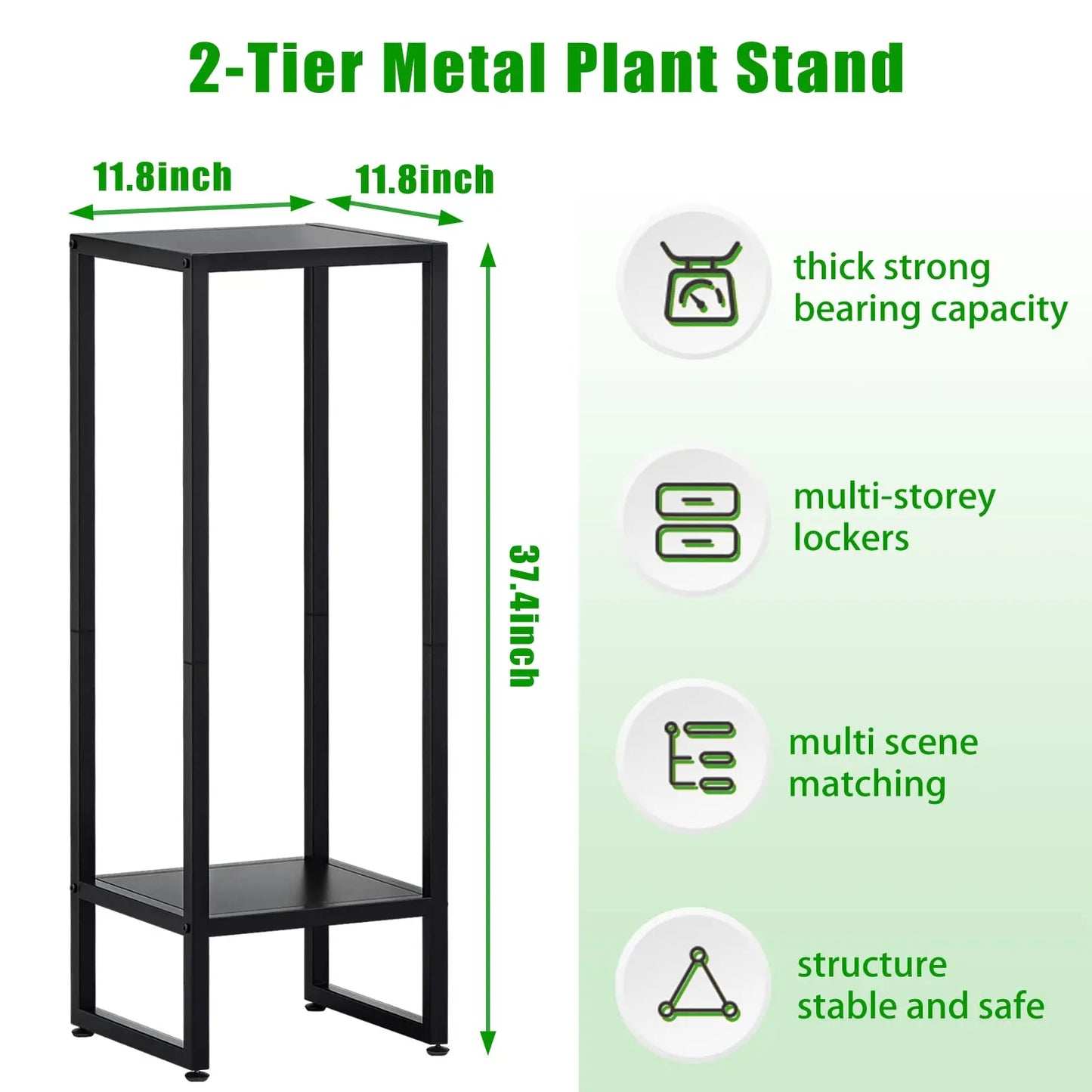A black 2-tier metal plant stand with dimensions labeled as 11.8 inches by 11.8 inches by 37.4 inches. Features include thick strong bearing capacity, multi-storey lockers, multi-scene matching, and a structure that is stable and safe.
