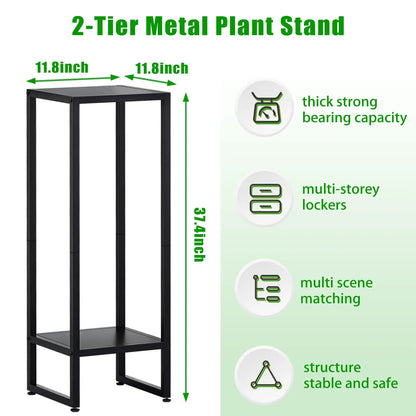 A black 2-tier metal plant stand with dimensions labeled as 11.8 inches by 11.8 inches by 37.4 inches. Features include thick strong bearing capacity, multi-storey lockers, multi-scene matching, and a structure that is stable and safe.