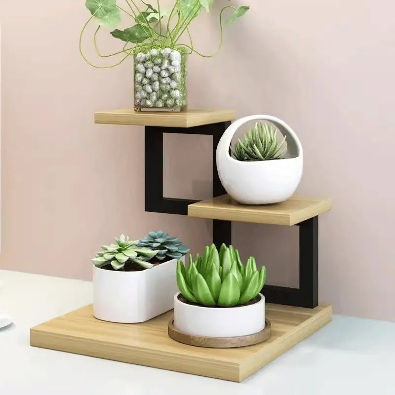 3 Tier Desktop Flower Stand brown Board black shelf