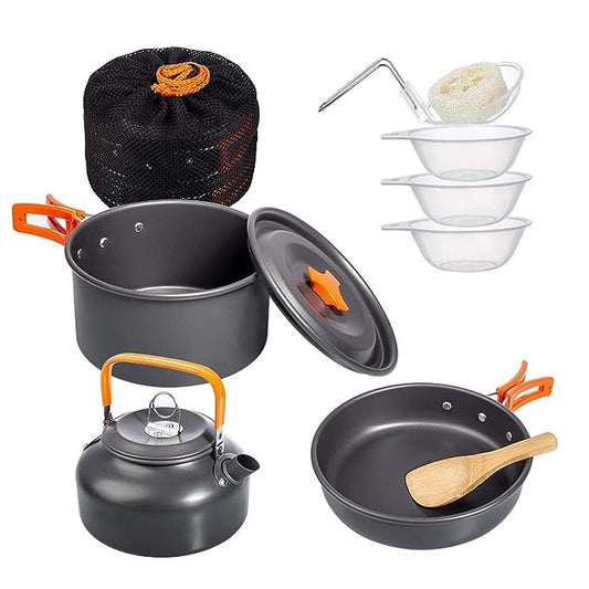 Camping Cookware Kit Outdoor Aluminum Cooking Set Water Kettle Pan Pot Hiking Picnic BBQ Tableware