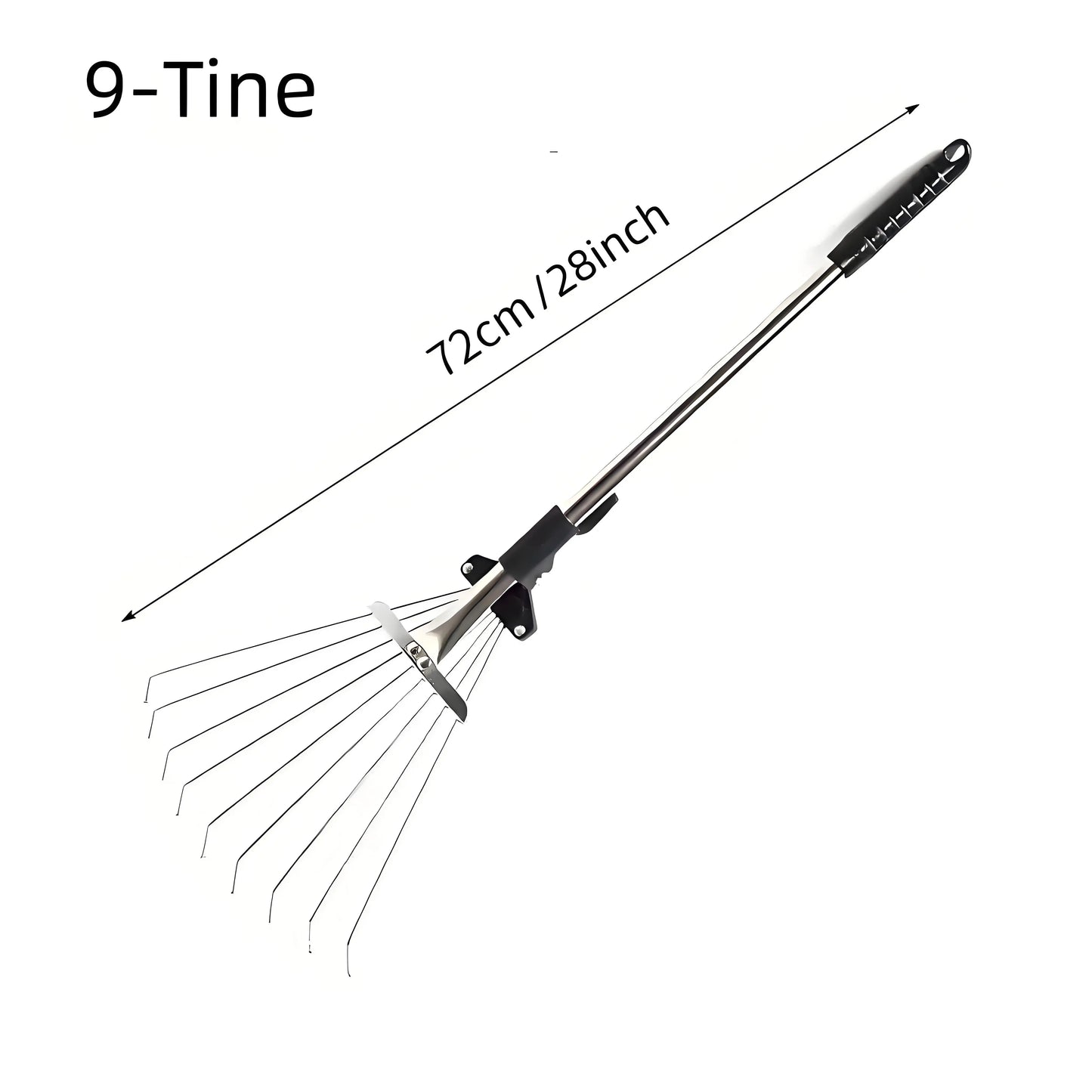 a 9-tine garden rake, with dimensions shown as 72cm (28 inches) in length.