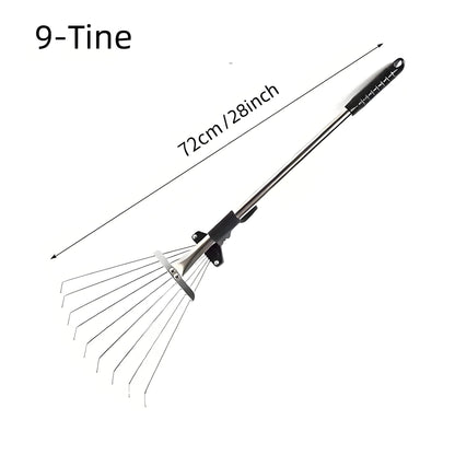 a 9-tine garden rake, with dimensions shown as 72cm (28 inches) in length.